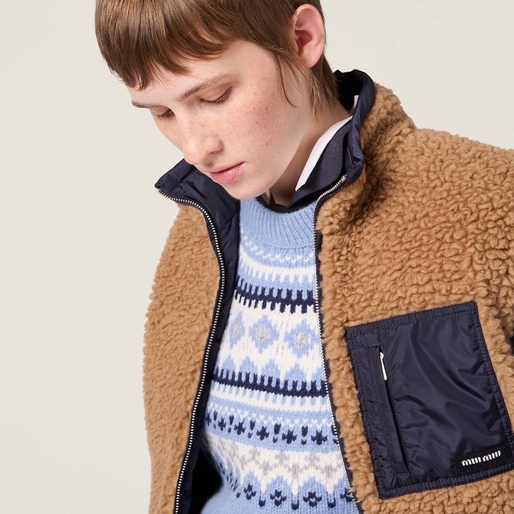 Miu Miu Teddy down vest with technical pongé Camel / Royal Blue