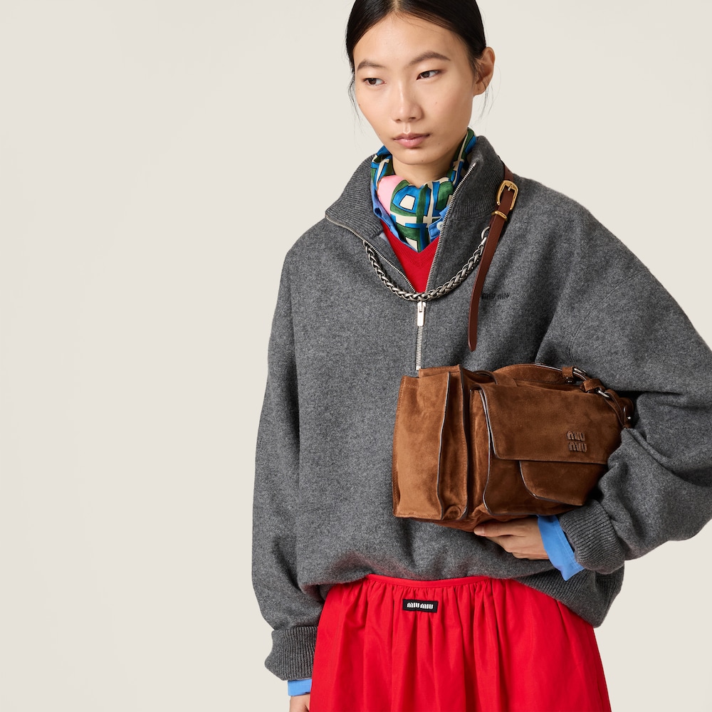 Miu Miu Cashmere and jersey zipper sweater Slate Gray