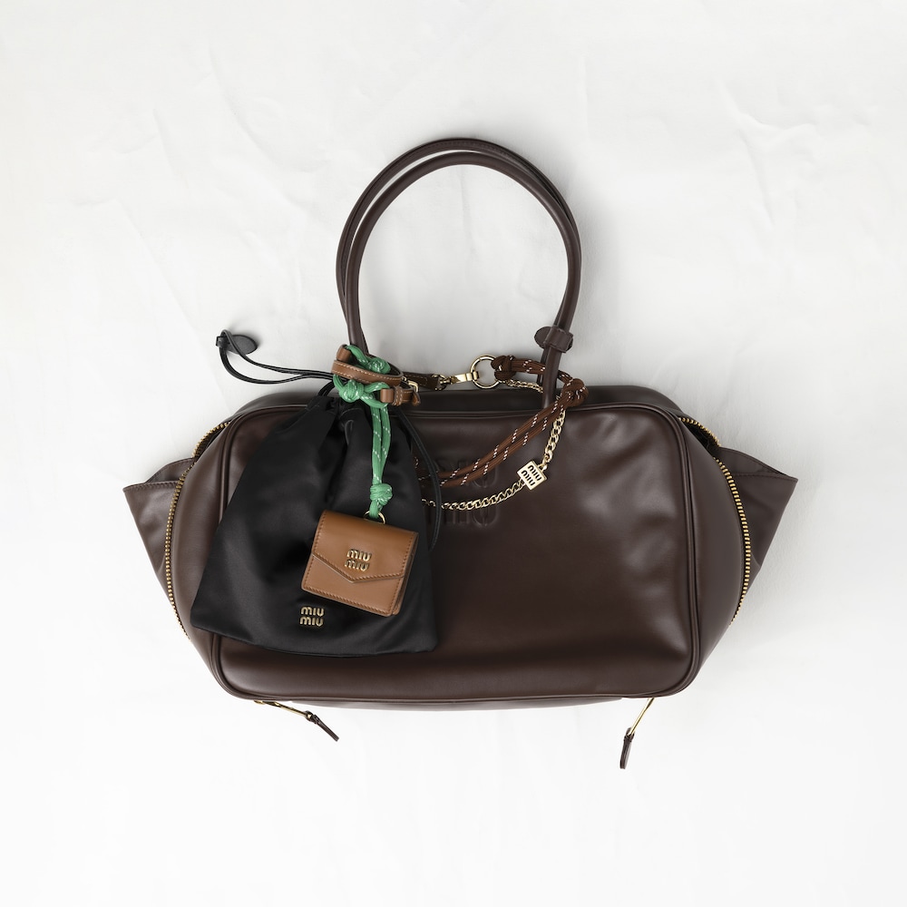 Miu Miu Leather, cord and metal trick keyring - Cognac/Tobacco