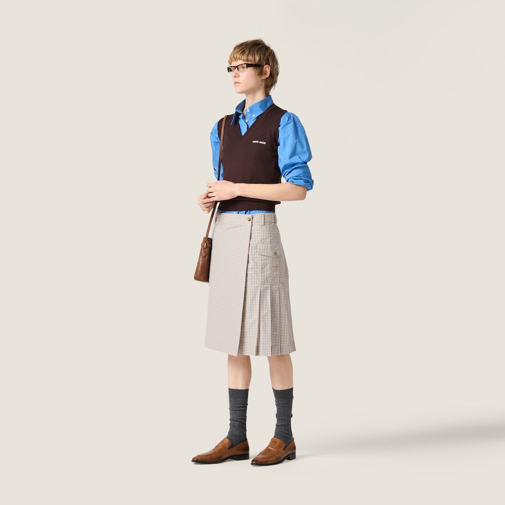 Miu Miu Checked technical fabric skirt Sand Beige
