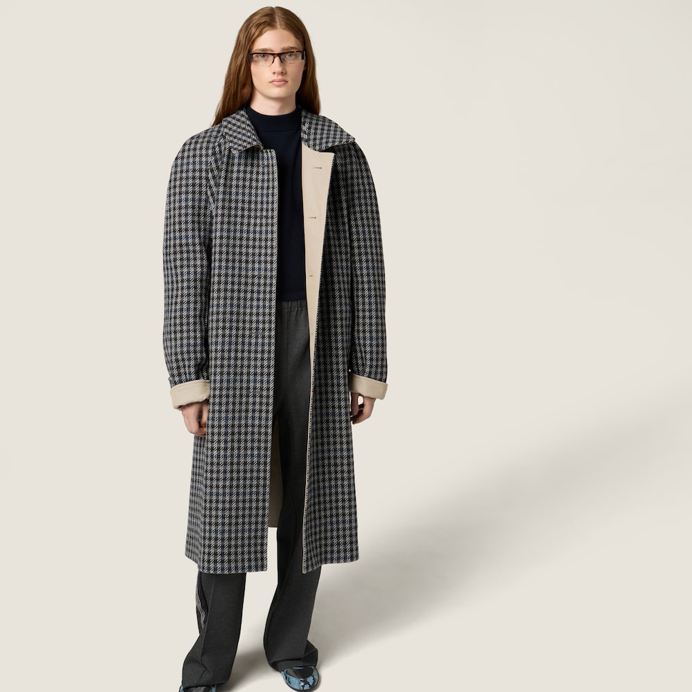 Miu Miu Reversible twill and check trench coat Limestone / Slate Gray