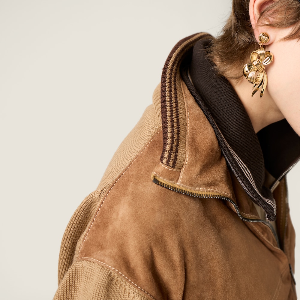 Miu Miu Wool and leather zipper cardigan Camel / Cinnamon
