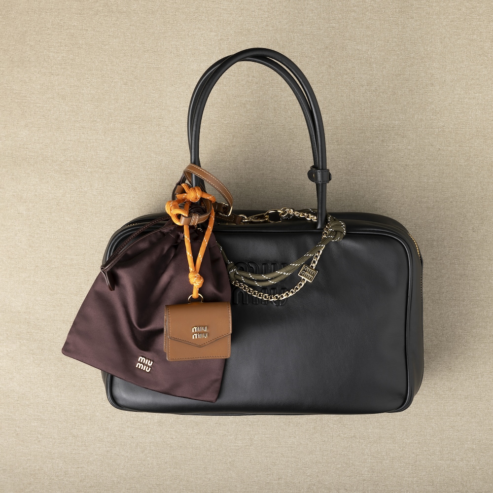 Miu Miu Leather, cord and metal trick keyring - Cognac/Forest Green