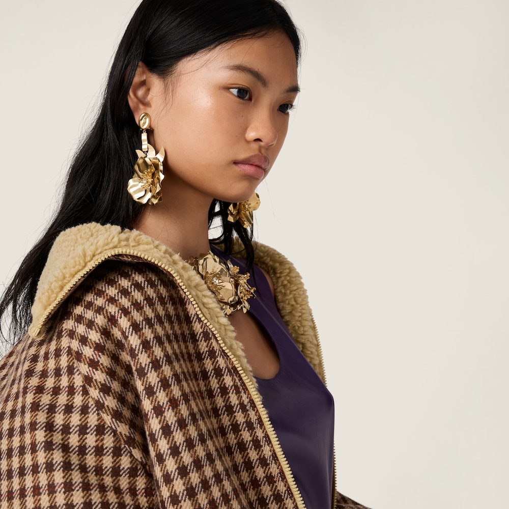 Miu Miu Fleece-lined checked blouson jacket Camel / Cocoa Brown