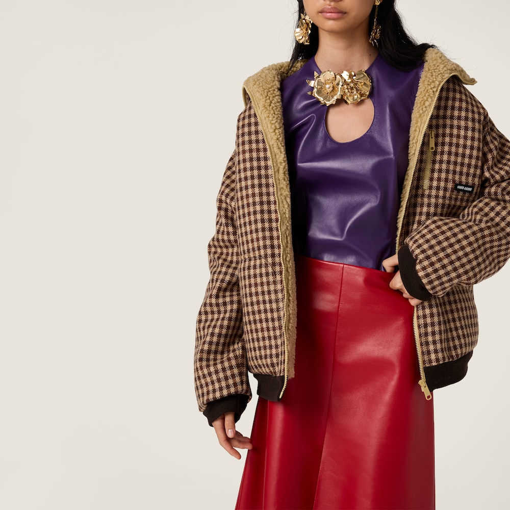 Miu Miu Fleece-lined checked blouson jacket Camel / Cocoa Brown