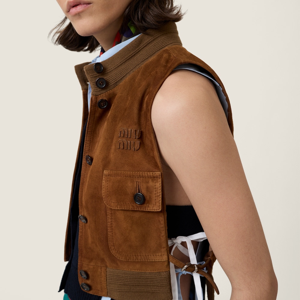 Miu Miu Waxed suede leather vest Cognac