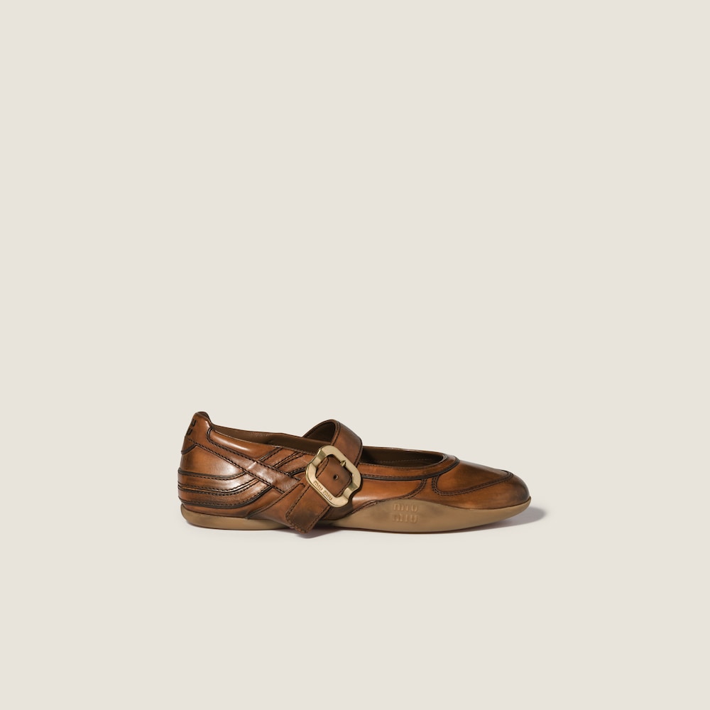 Miu Miu Gymnasium leather ballerinas with strap and buckle Cognac