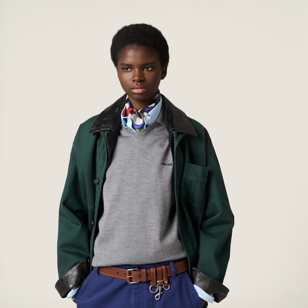 Miu Miu Single-breasted garment-dyed gabardine and leather jacket Bottle Green