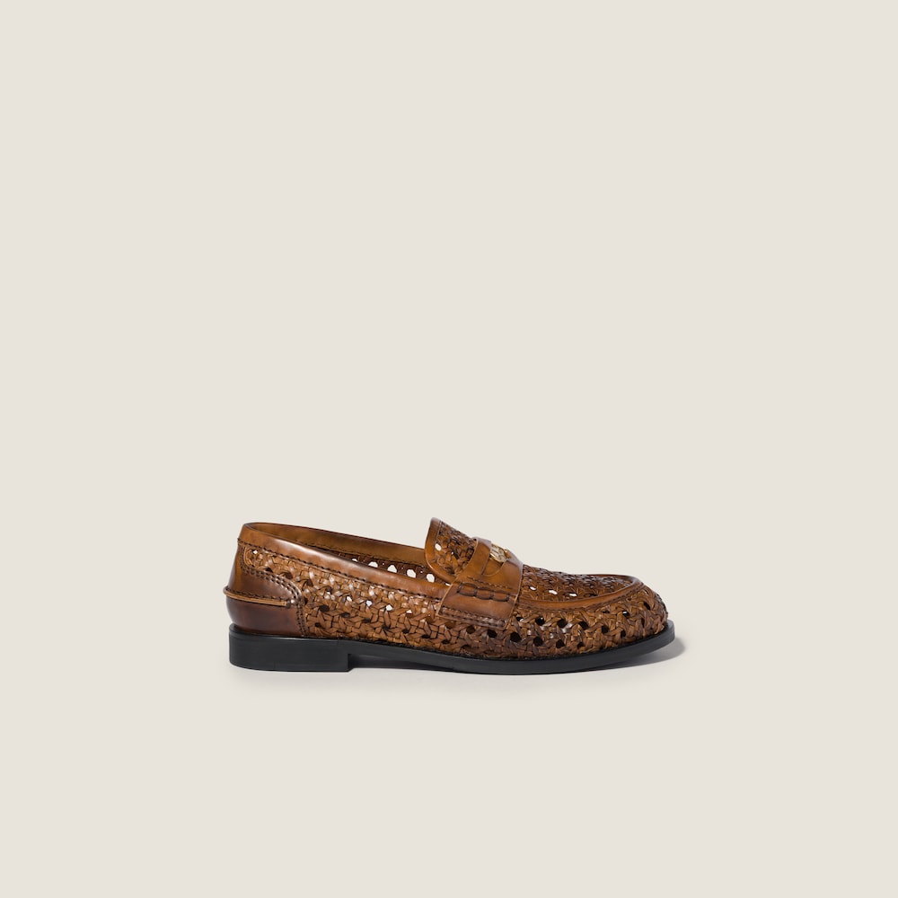 Miu Miu Woven leather loafers Cognac