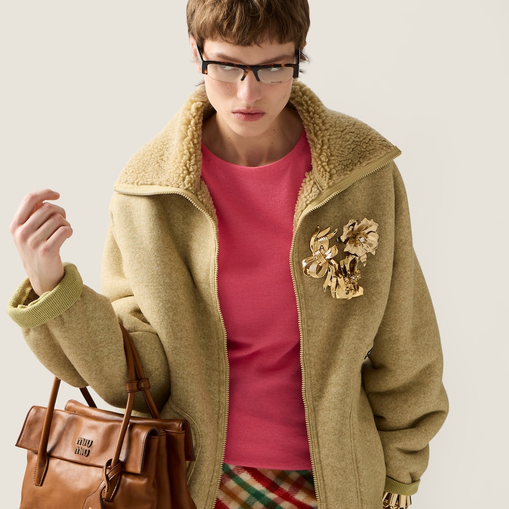 Miu Miu Cotton fleece zipper blouson jacket Soy Green