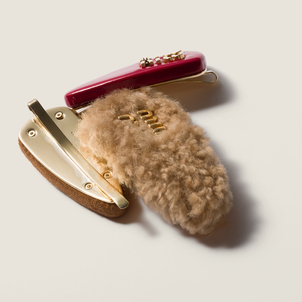 Miu Miu Set of leather, suede, and shearling hair clips - Caramel