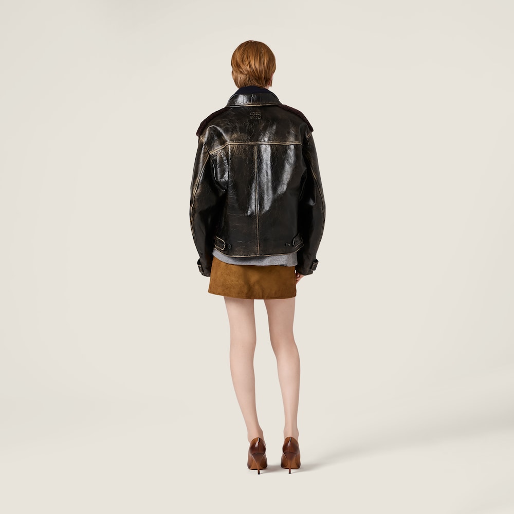 Miu Miu Waxed suede leather miniskirt Tobacco