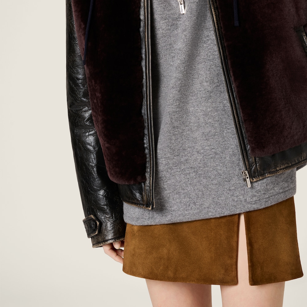 Miu Miu Waxed suede leather miniskirt Tobacco