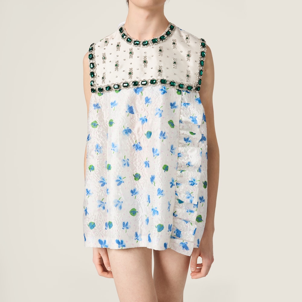 Miu Miu Cloqué mini-dress with crystals White / Light Blue