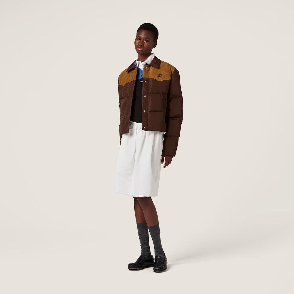 Miu Miu Technical pongé and leather down jacket Coffee