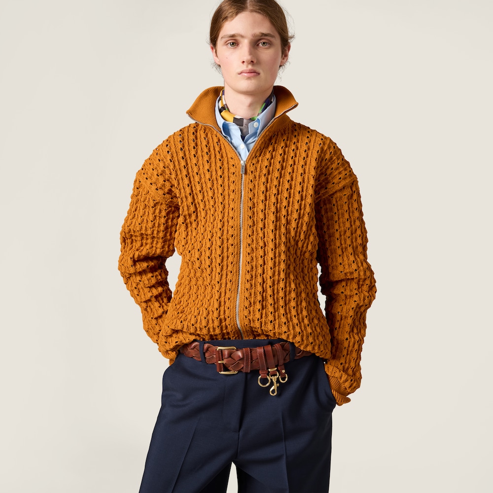 Miu Miu Technical yarn zipper cardigan Rust