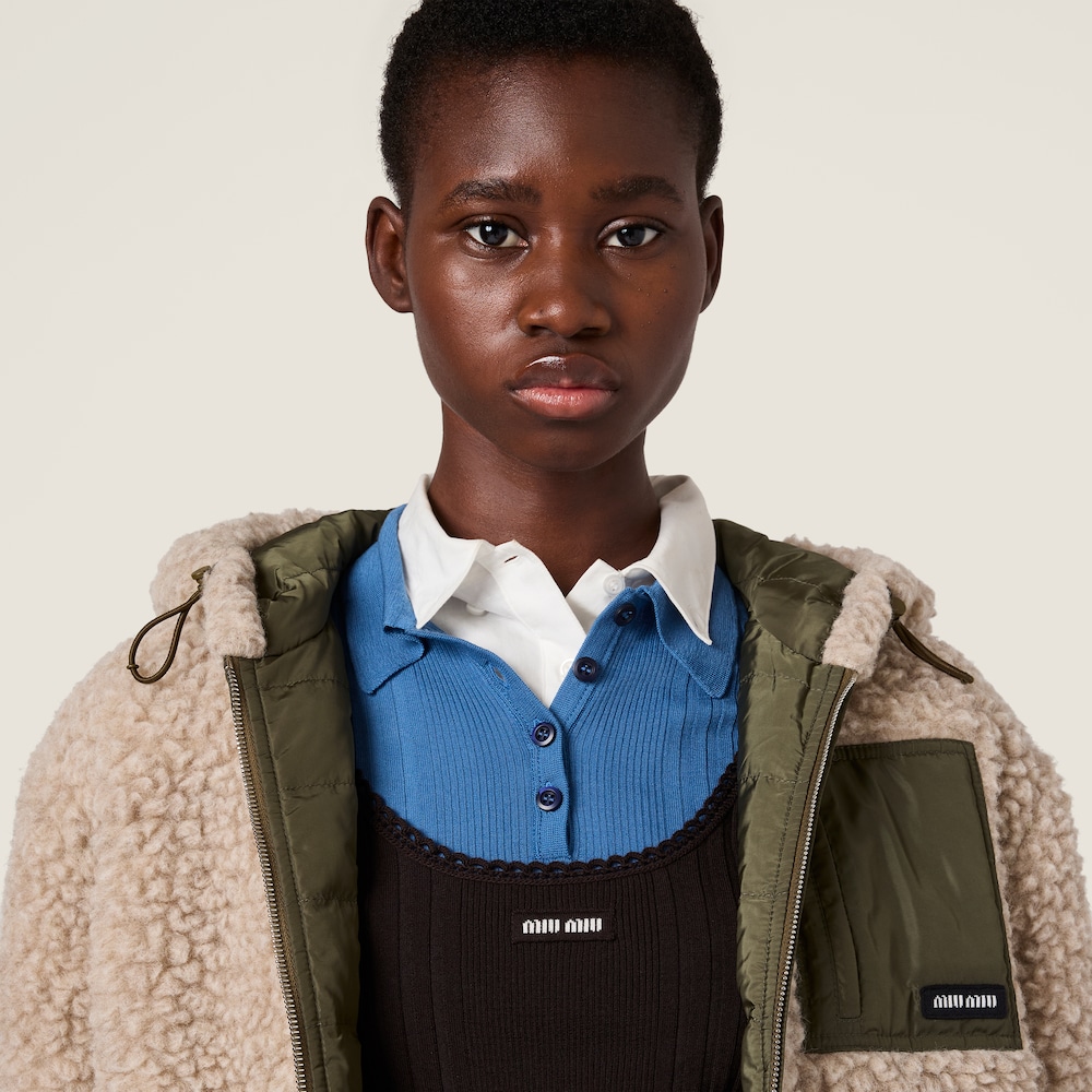 Miu Miu Medium-weight teddy down jacket with technical pongé Lime / Military
