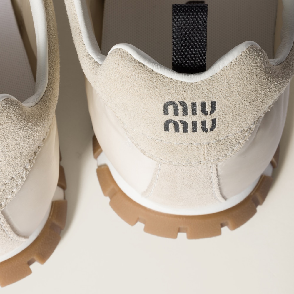 Miu Miu Tyre technical fabric and suede sneakers Ivory