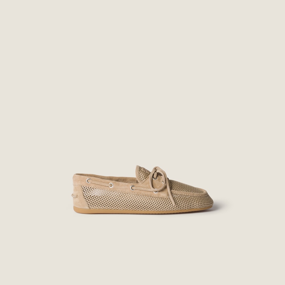 Miu Miu Mesh and suede boat shoes Desert Beige