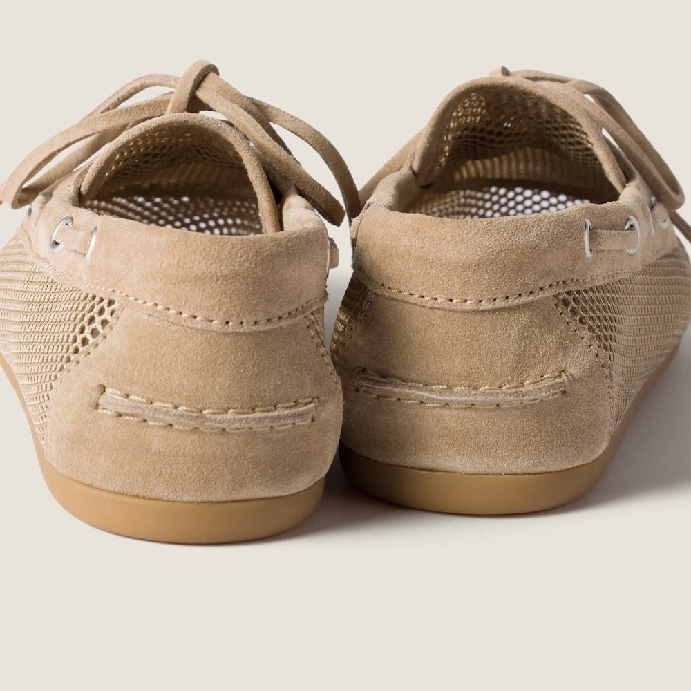 Miu Miu Mesh and suede boat shoes Desert Beige