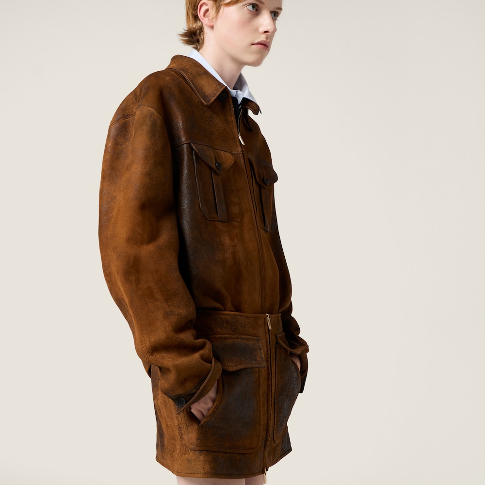 Miu Miu Waxed suede leather mini-skirt Cognac