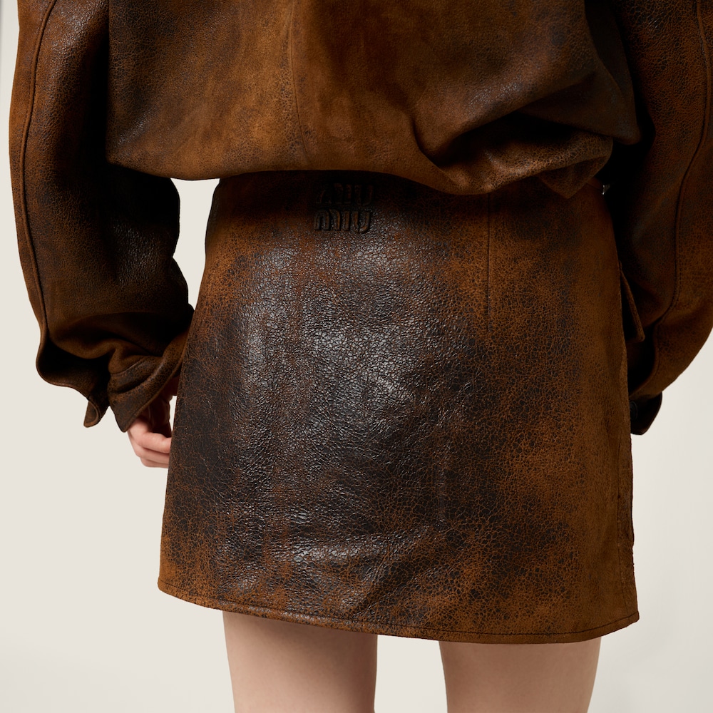 Miu Miu Waxed suede leather mini-skirt Cognac