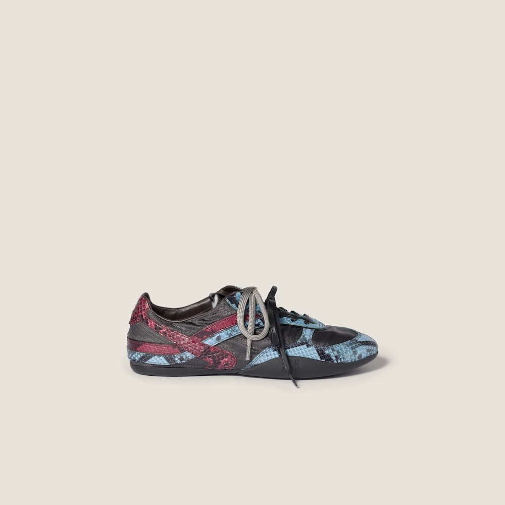 Miu Miu Gymnasium technical fabric and python-print Ayers leather sneakers Slate Gray / Astral Blue