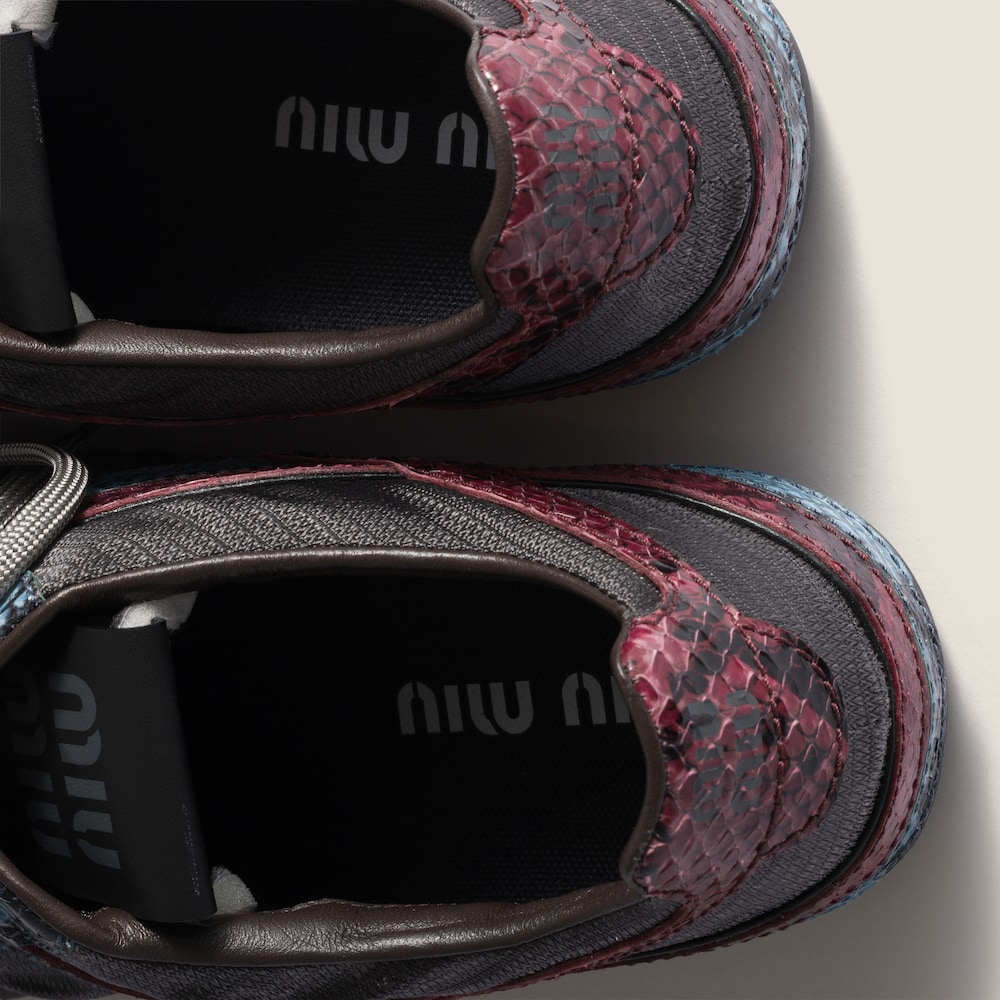 Miu Miu Gymnasium technical fabric and python-print Ayers leather sneakers Slate Gray / Astral Blue