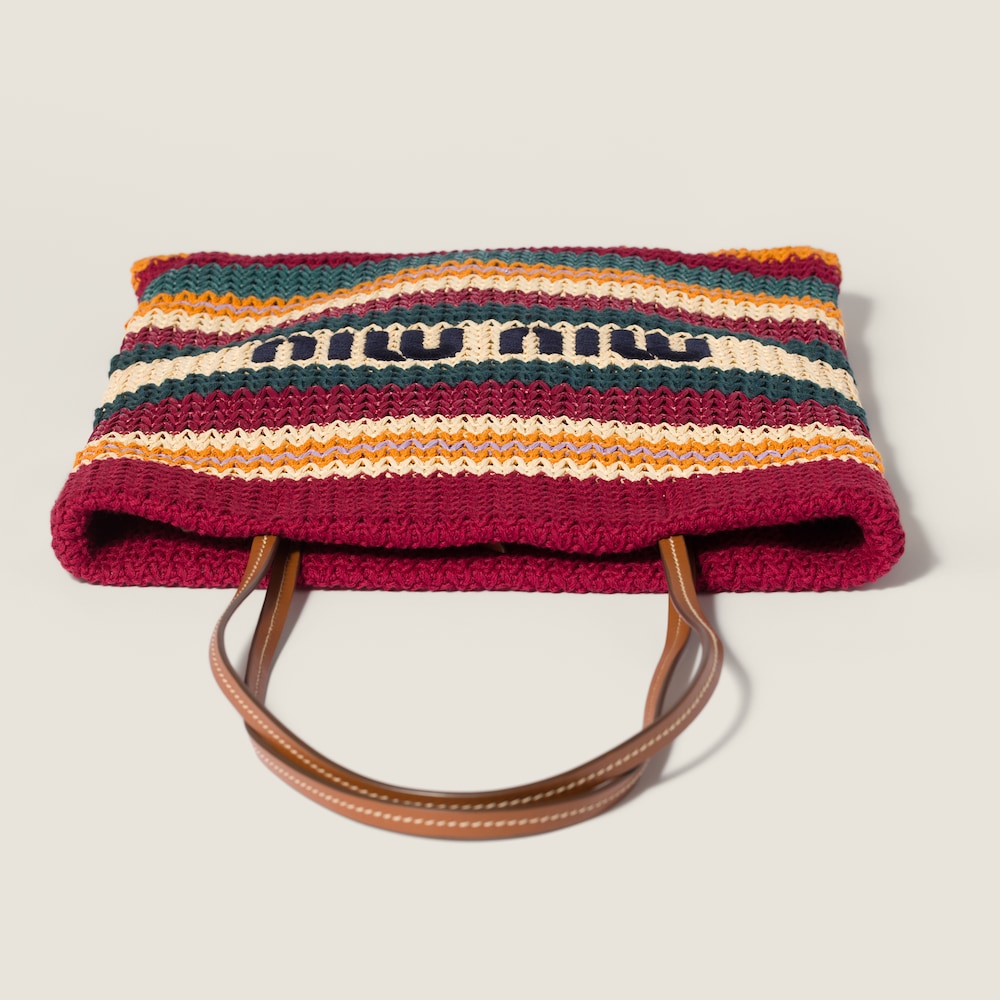 Miu Miu Raffia-effect woven tote bag Bordeaux / Teal / Natural
