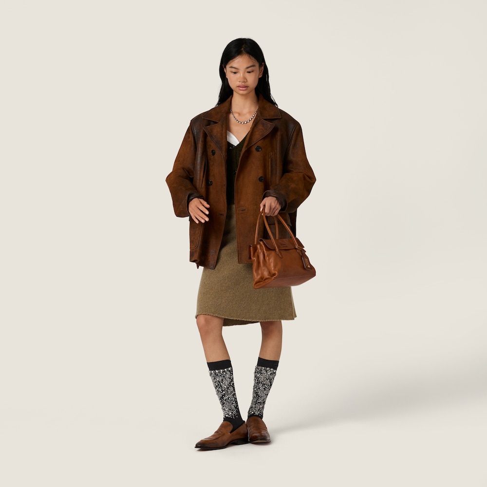 Miu Miu Double-breasted waxed suede caban jacket Cognac