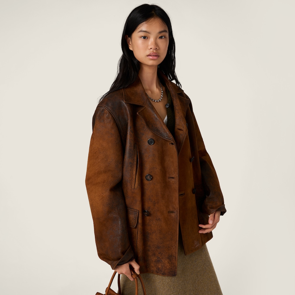 Miu Miu Double-breasted waxed suede caban jacket Cognac