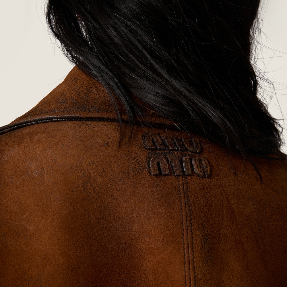 Miu Miu Double-breasted waxed suede caban jacket Cognac